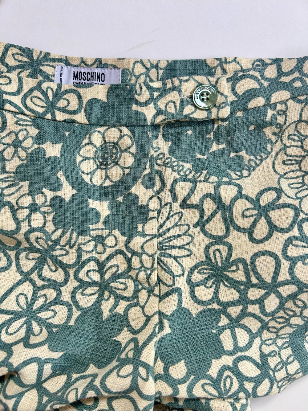 Moschino CheapandChic Cream Pants with Teal Floral Print - wide leg cuffed - Picture 3 of 8